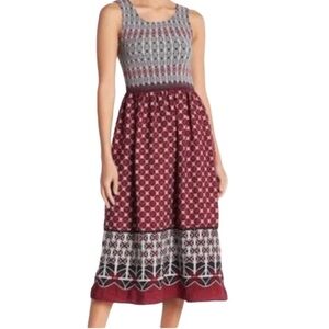 Max Studio Burgundy & Black Geometric Pattern Dress. Smocked Bodice.  Size S.
